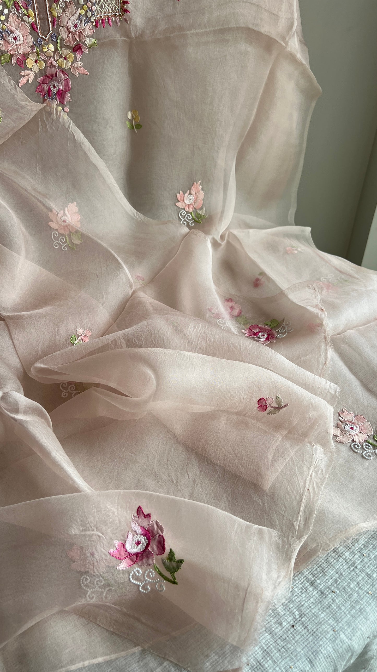 Nude pink Resham Chikankari pure Organza kurta with dupatta