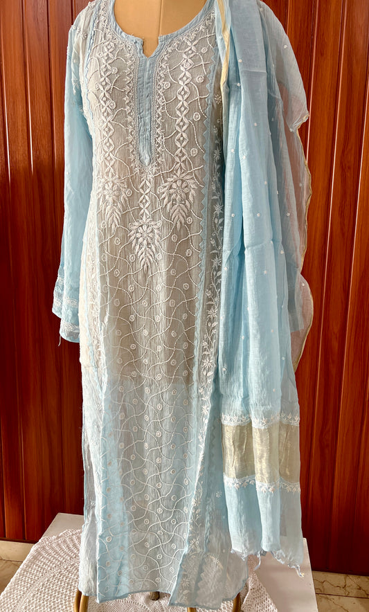 Sky Blue Mul chanderi Chikankari pearl embroidered kurta and dupatta