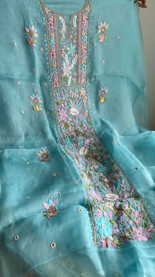 Firozi Resham Chikankari pure Organza kurta with dupatta