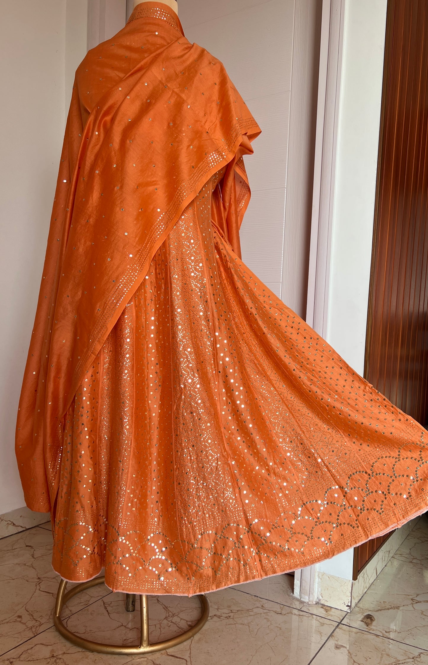 Orange Allover Heavy Mukaish Chanderi Silk Anarkali with Dupatta