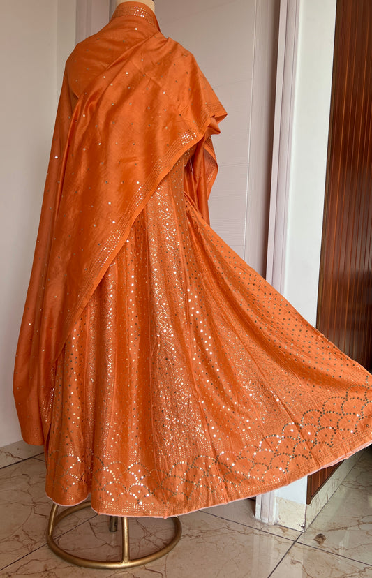 Orange Allover Heavy Mukaish Chanderi Silk Anarkali with Dupatta