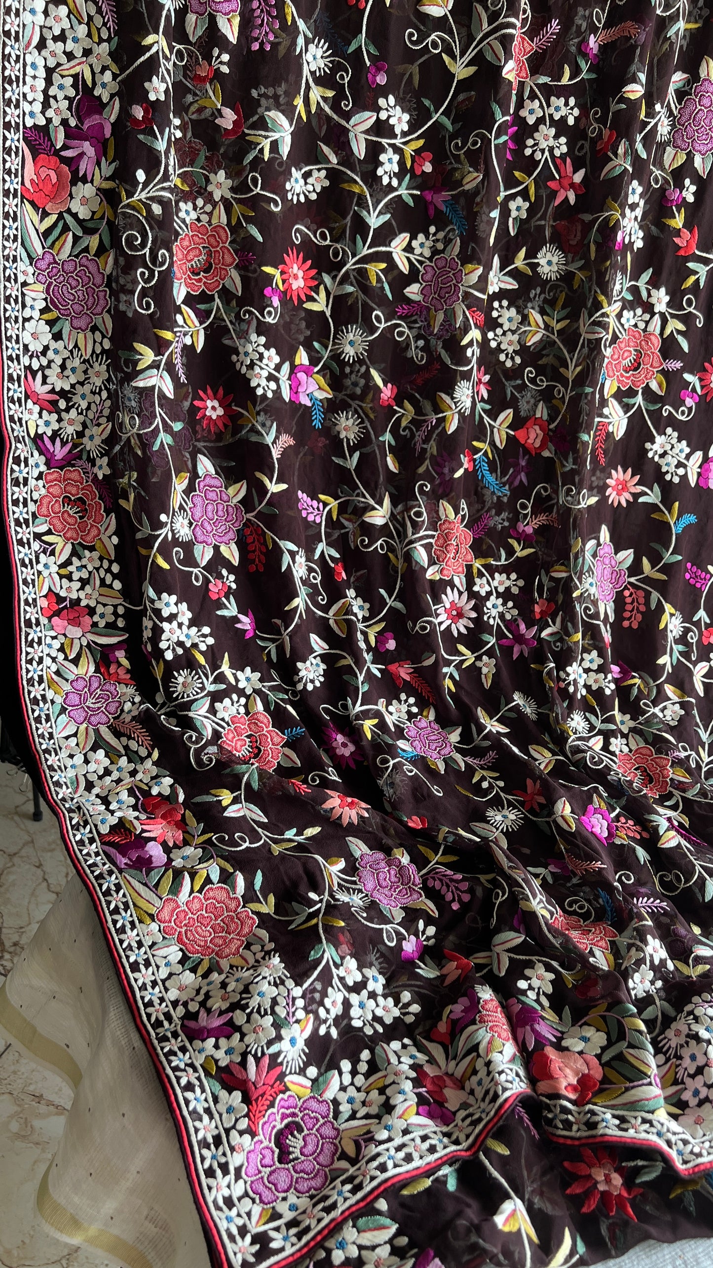 Coffee Brown Masterpiece French knot and Parsi Gara Saree