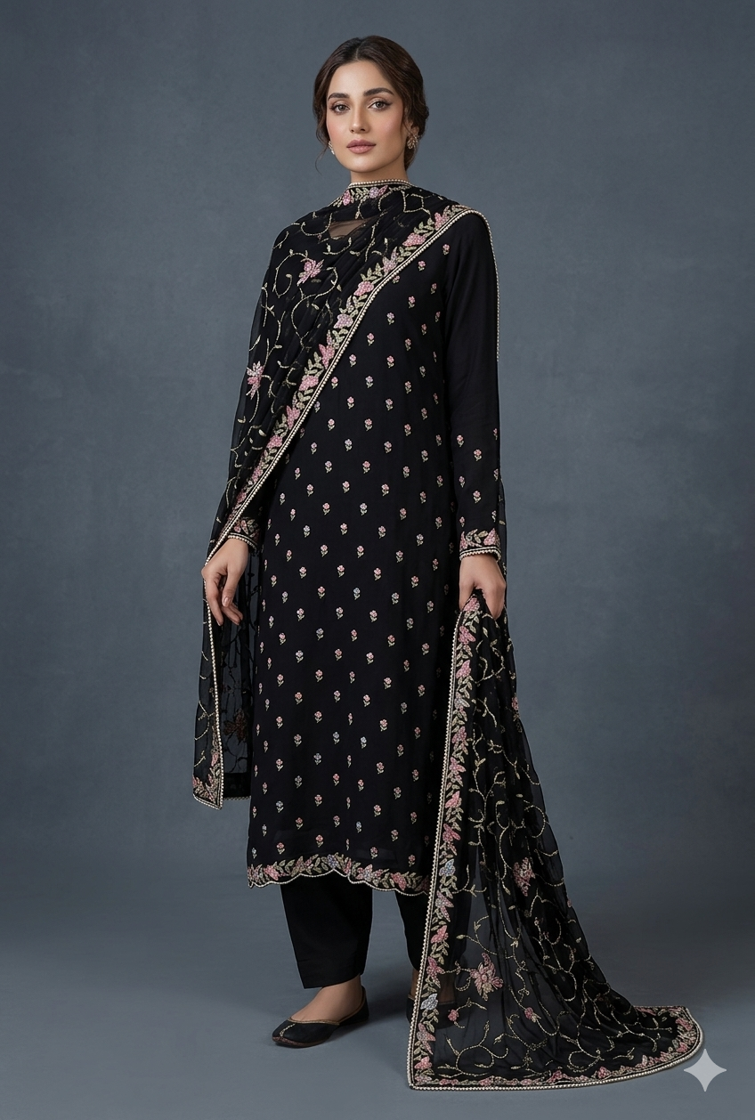 Black hand embroidered parsi gara pure crepe full suit