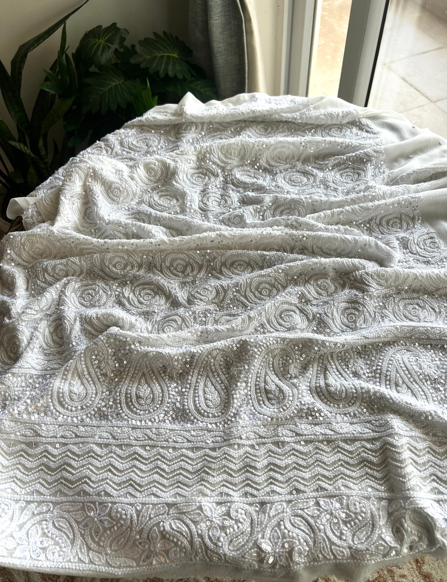 White fine Chikankari Pearl and sequins Embroidered Kurta and Dupatta