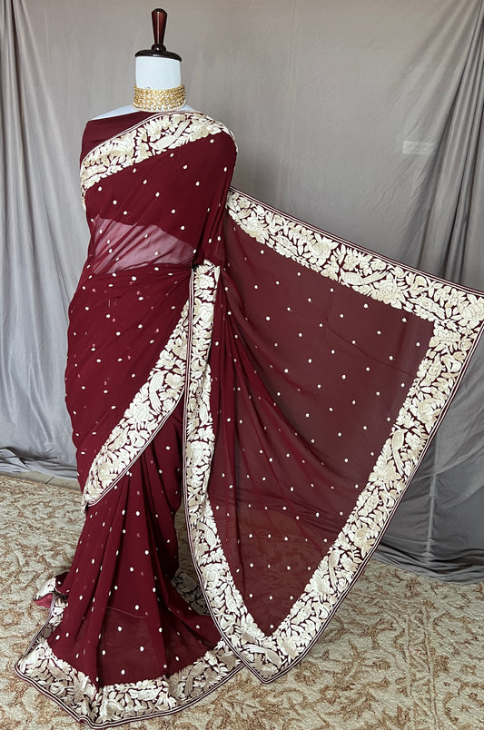 Maroon Pure Georgette Parsi Gara Hand Embroidered Saree