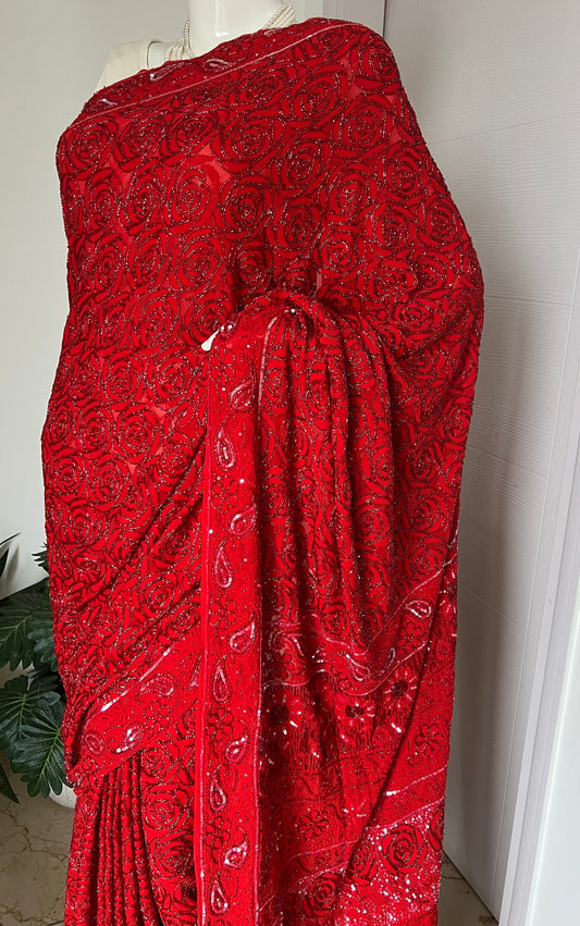 Red Gulaab Masterpiece Chikankari Cut Dana Sequins Saree