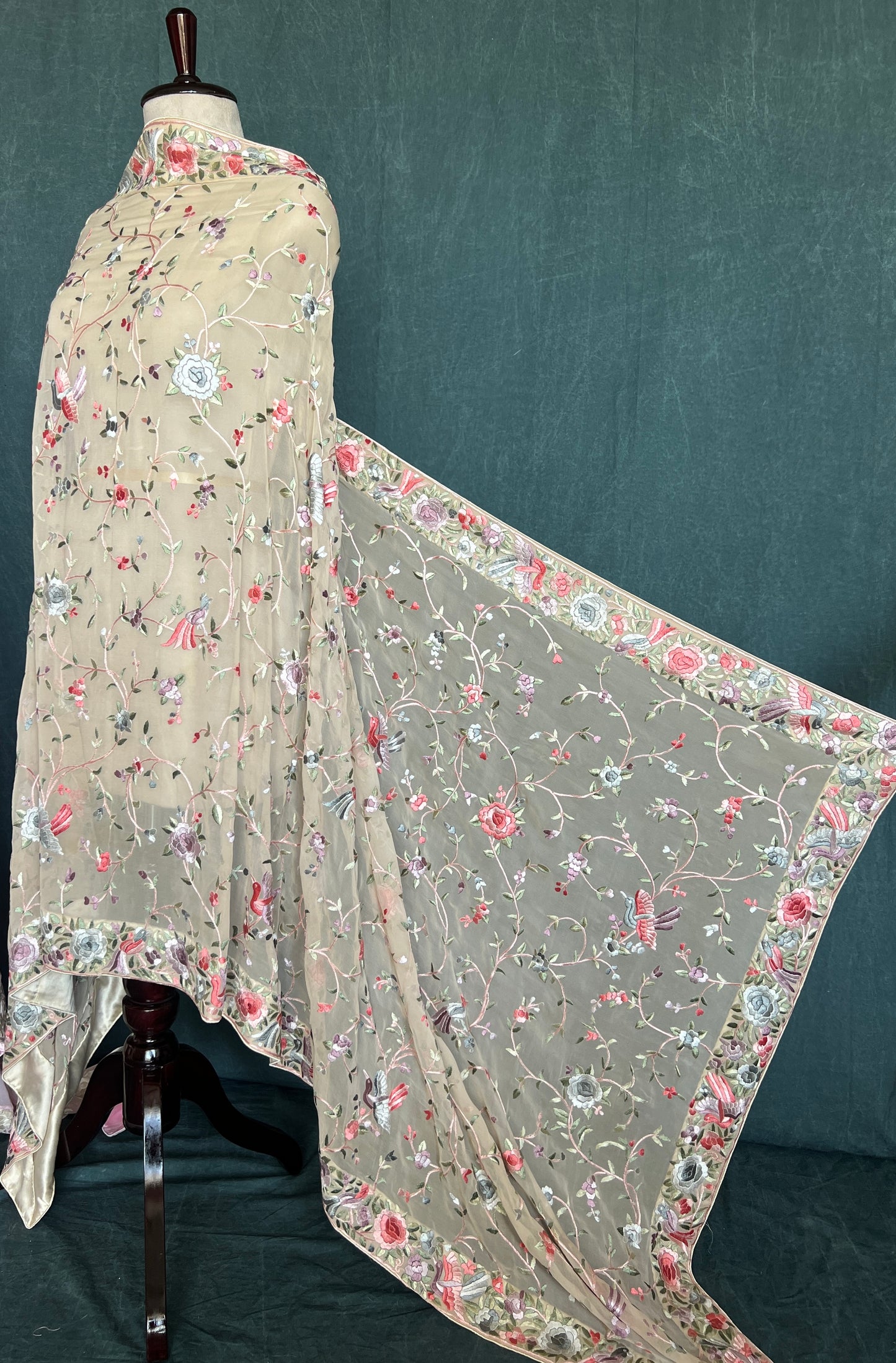 Beige Parsi Gara Hand Embroidered Dupatta