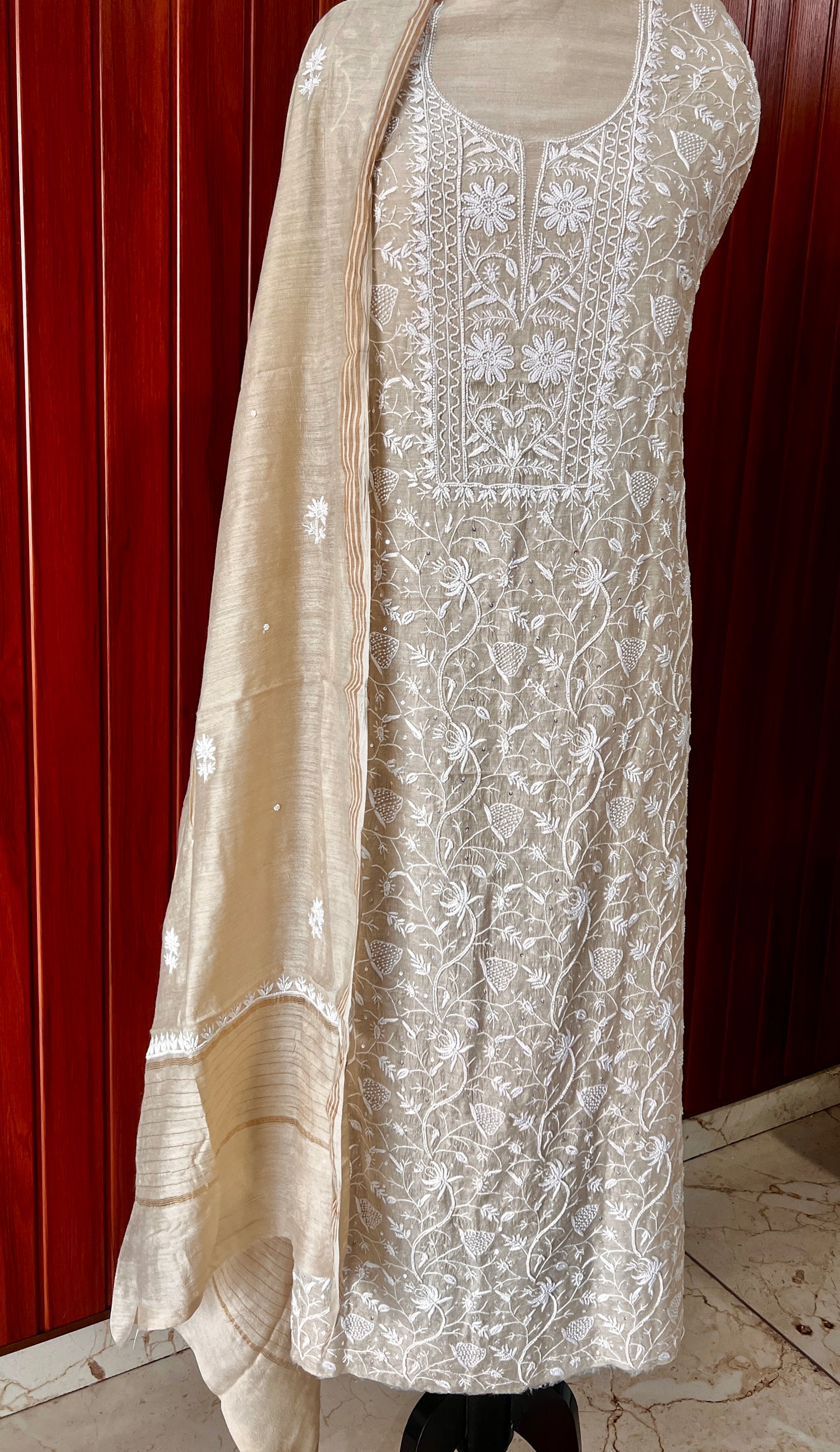 Munga silk Chikankari and pearl embroidered kurta and dupatta