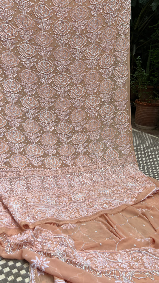 Light Orange Chikankari cut dana pearl sequins work kurta and dupatta