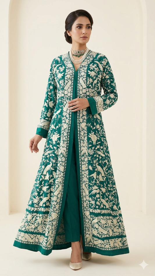 Turquoise Masterpiece Hand Embroidered Parsi Gara Jacket Semi Stitched