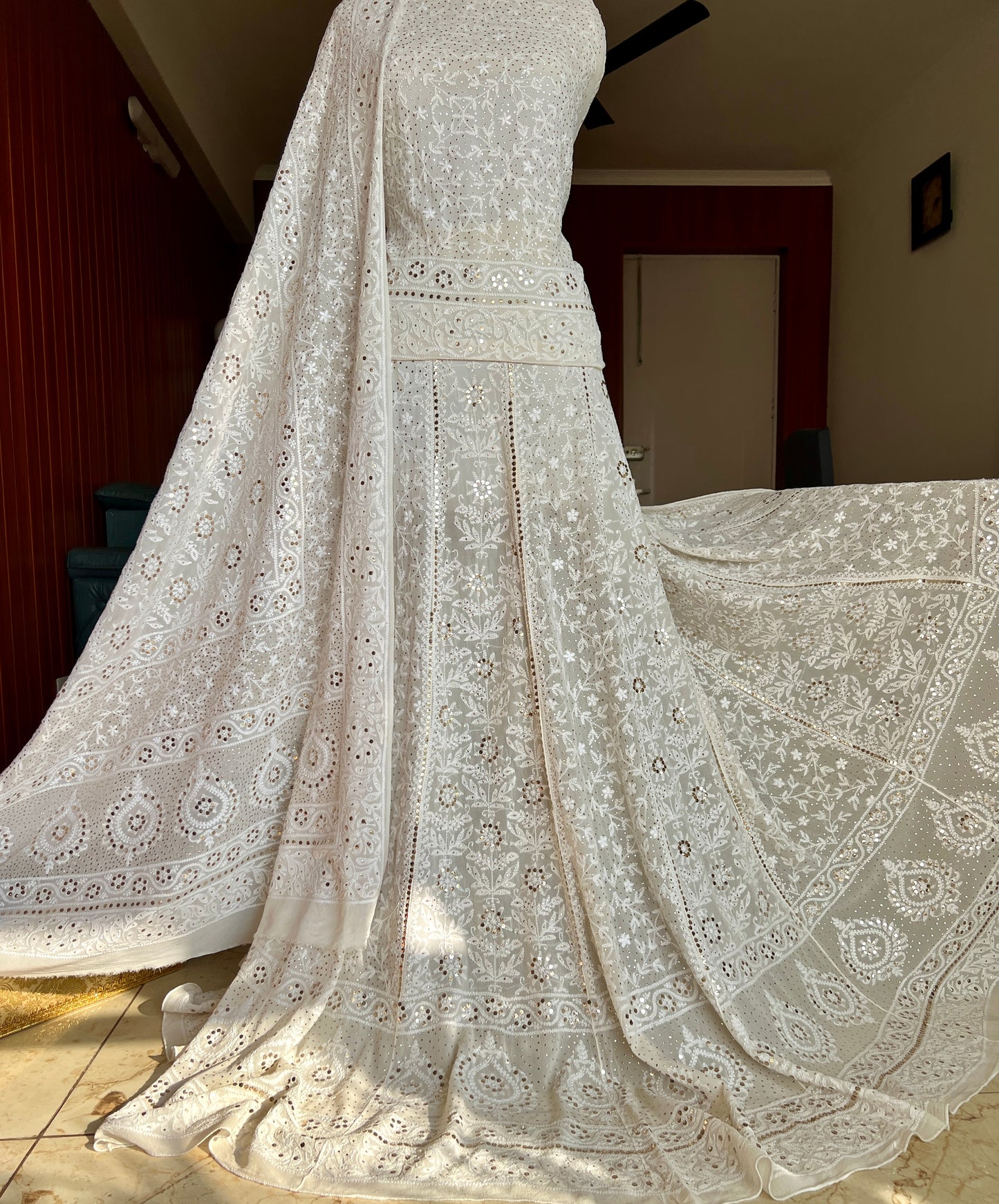 Ruhani fine Chikankari and intricate Mukaish Lehenga Set