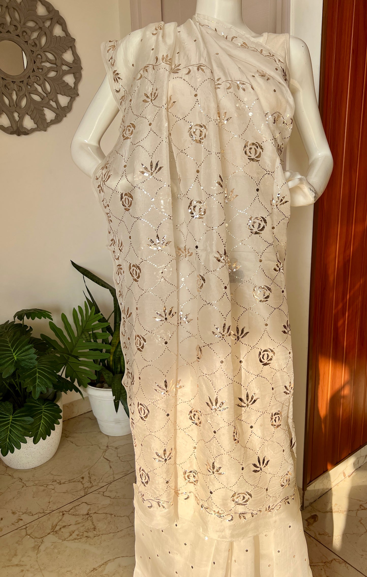 Ivory Pure Organza Saree with Badla and Mukaish Work