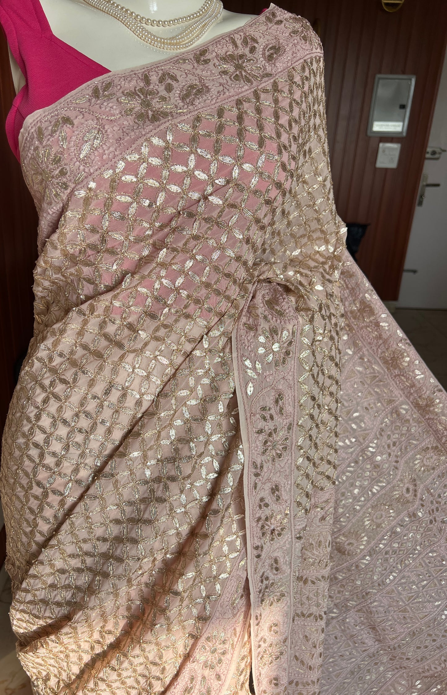 Ruhani Dusty Pink Chikankari and Gota Patti Saree