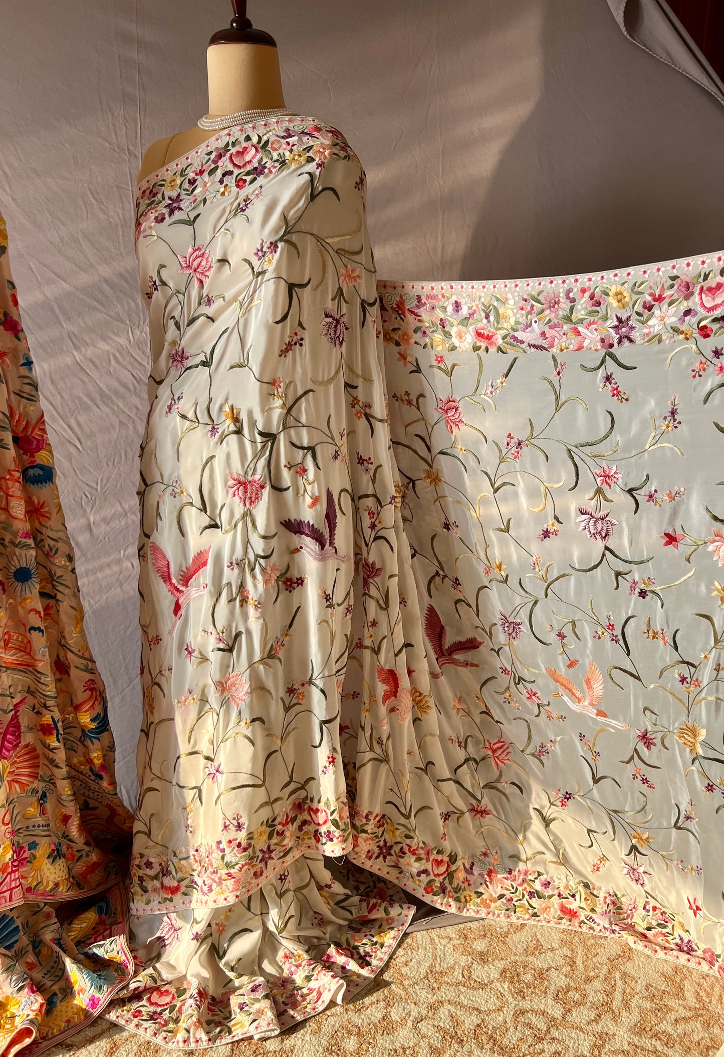 Ivory Parsi Gara Allover Hand Embroidered Saree on Pure Crepe