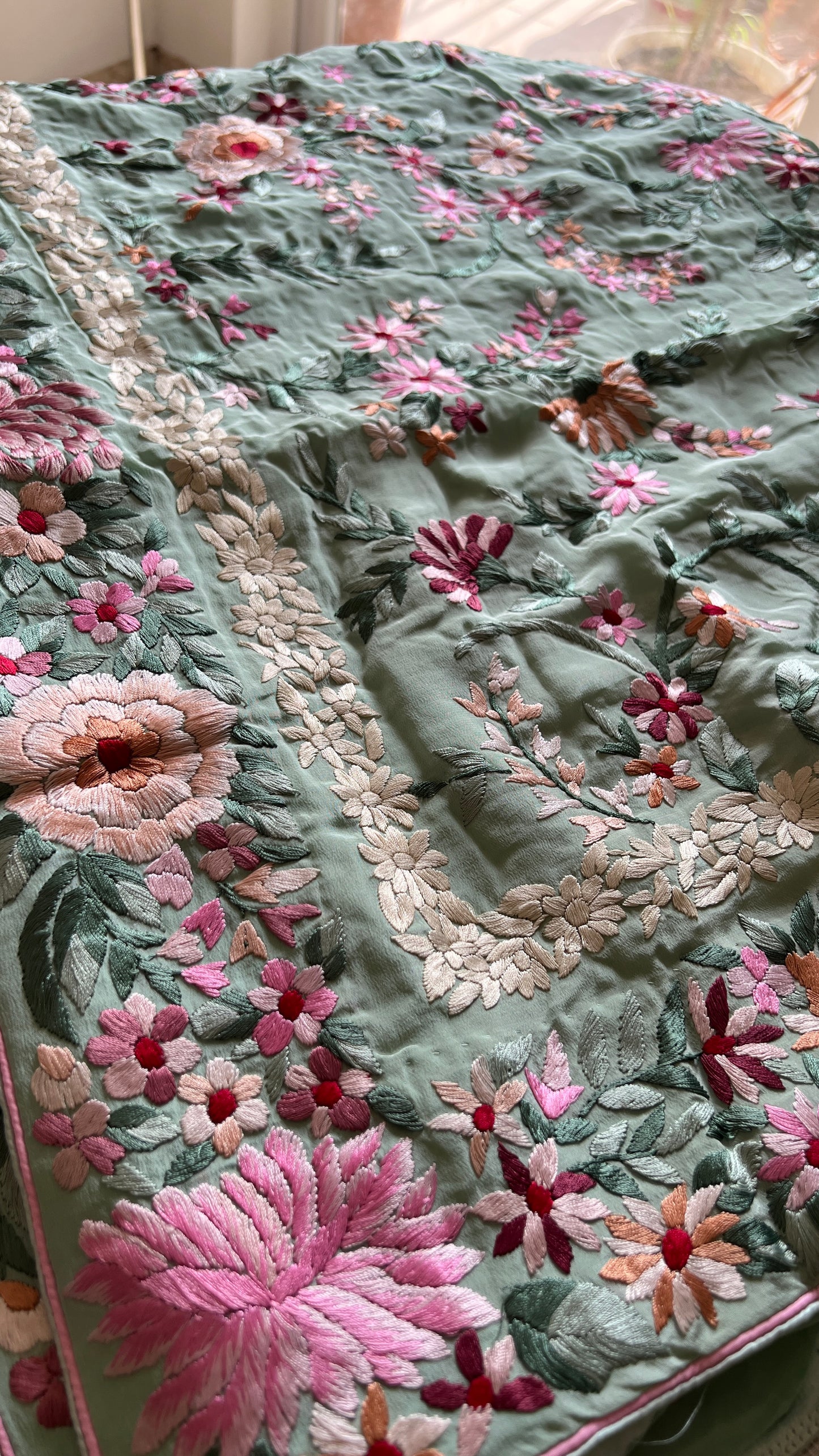 Mint Green Masterpiece Parsi Gara Pure Crepe Saree