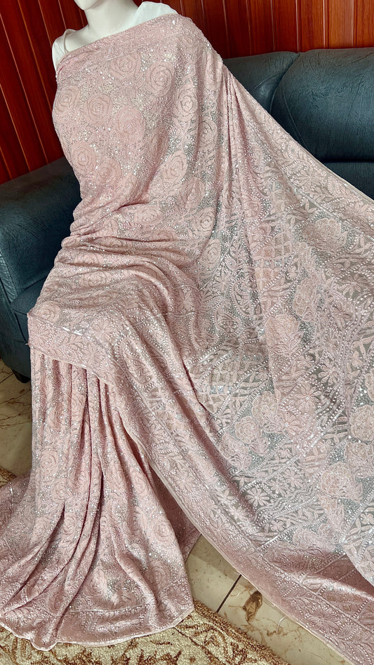 Gulaab Tea Rose Masterpiece Chikankari Sequins and Cut Dana Saree