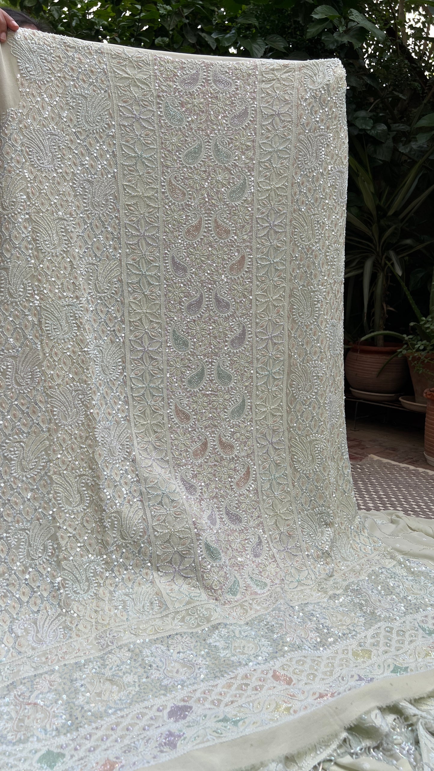 Pastel pista green multi cut dana sequins kurta and dupatta