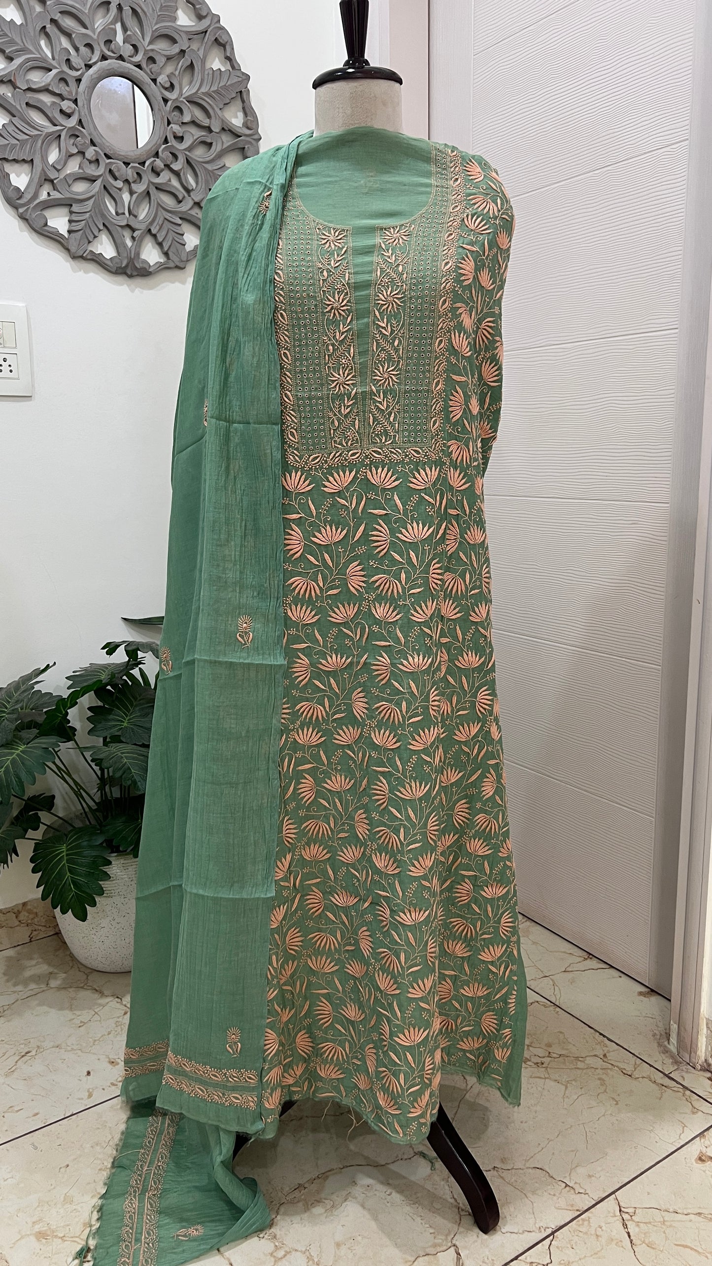 Emerald green Mul chanderi Chikankari embroidered kurta and dupatta