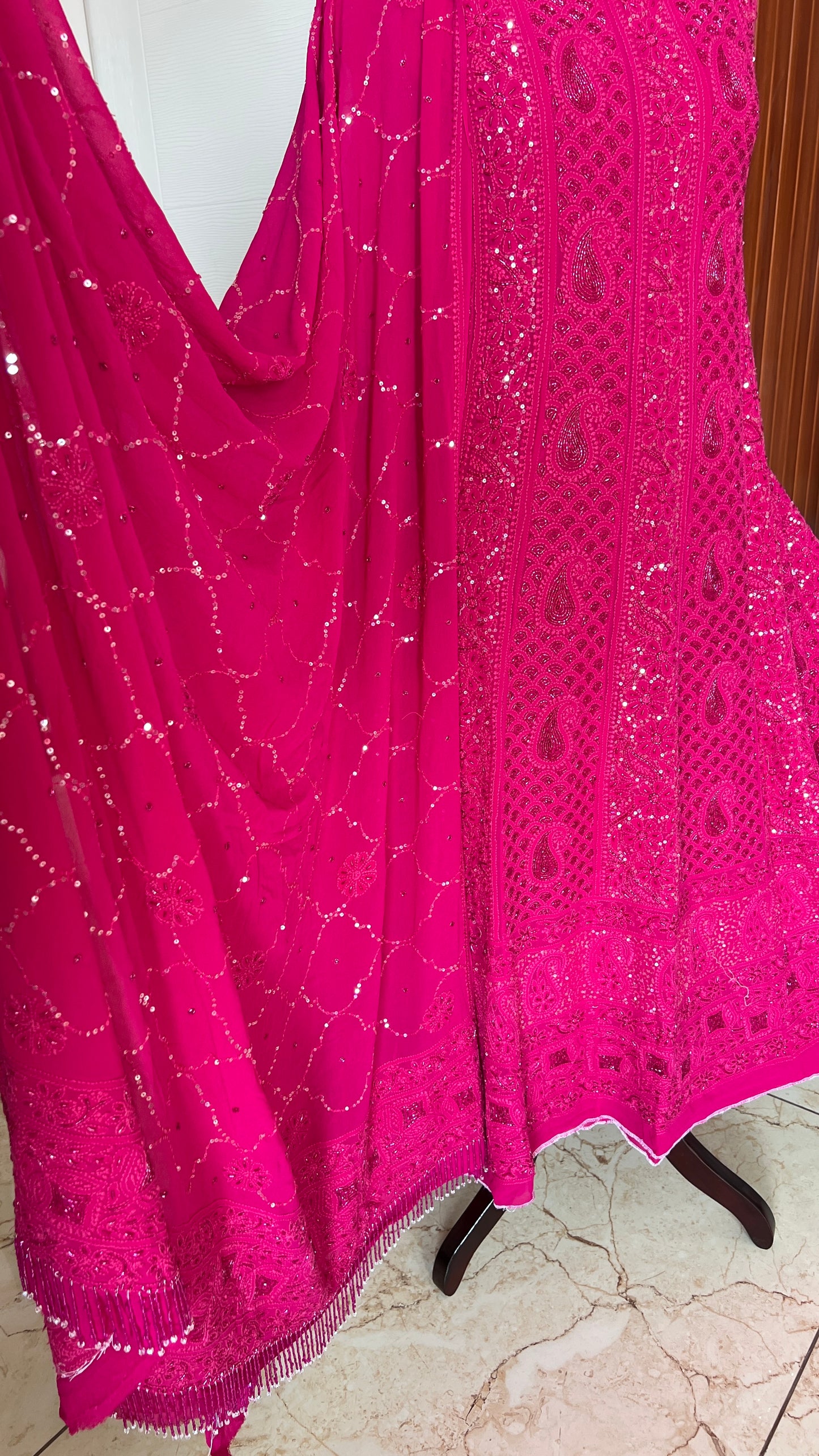 Ruhani Fuchsia Pink Chikankari sequins cut Dana Anarkali