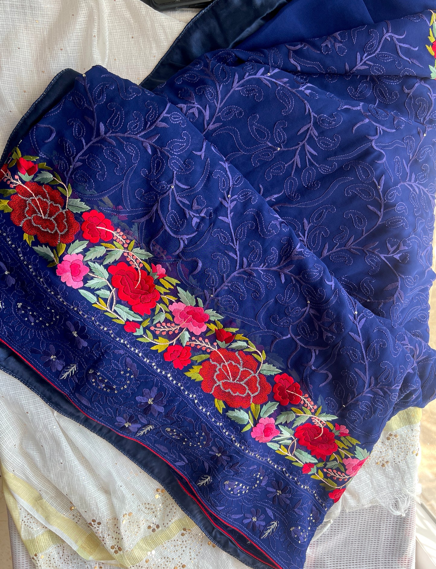 Navy Blue Pure Georgette saree with allover Parsi gara and french knot hand embroidery