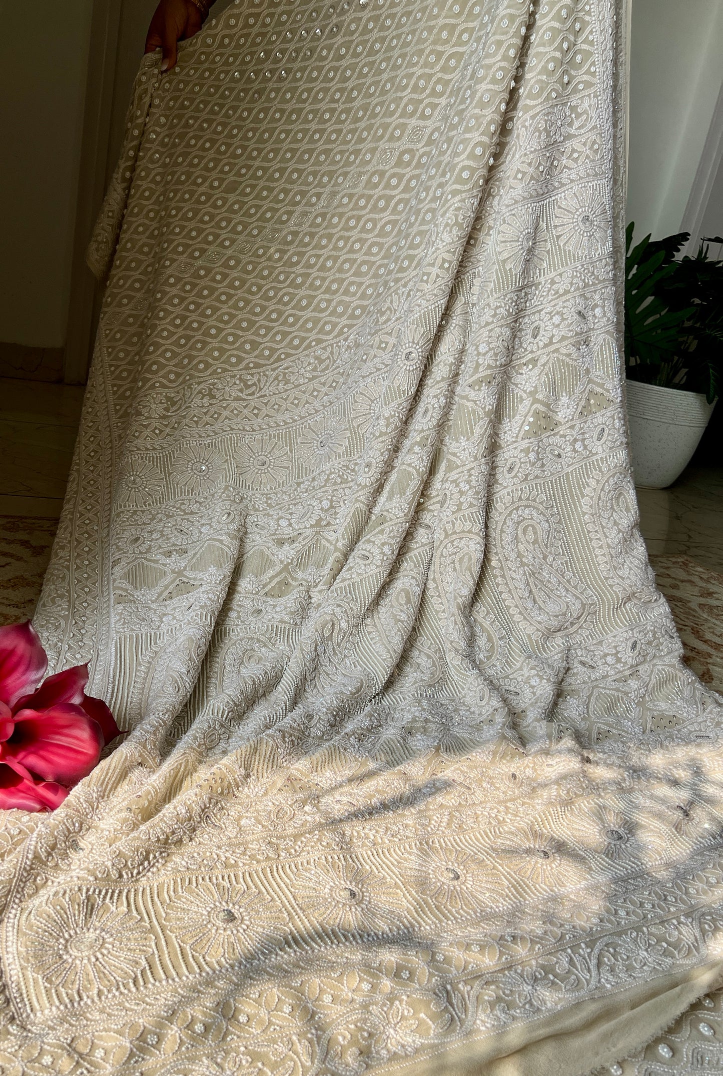 Ruhani Nude Champagne Chikankari Pearl Cut Dana and Sequins Saree