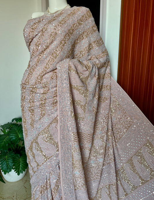 Ruhani Old Rose Chikankari Sequins Cut Dana Embroidered Masterpiece Saree