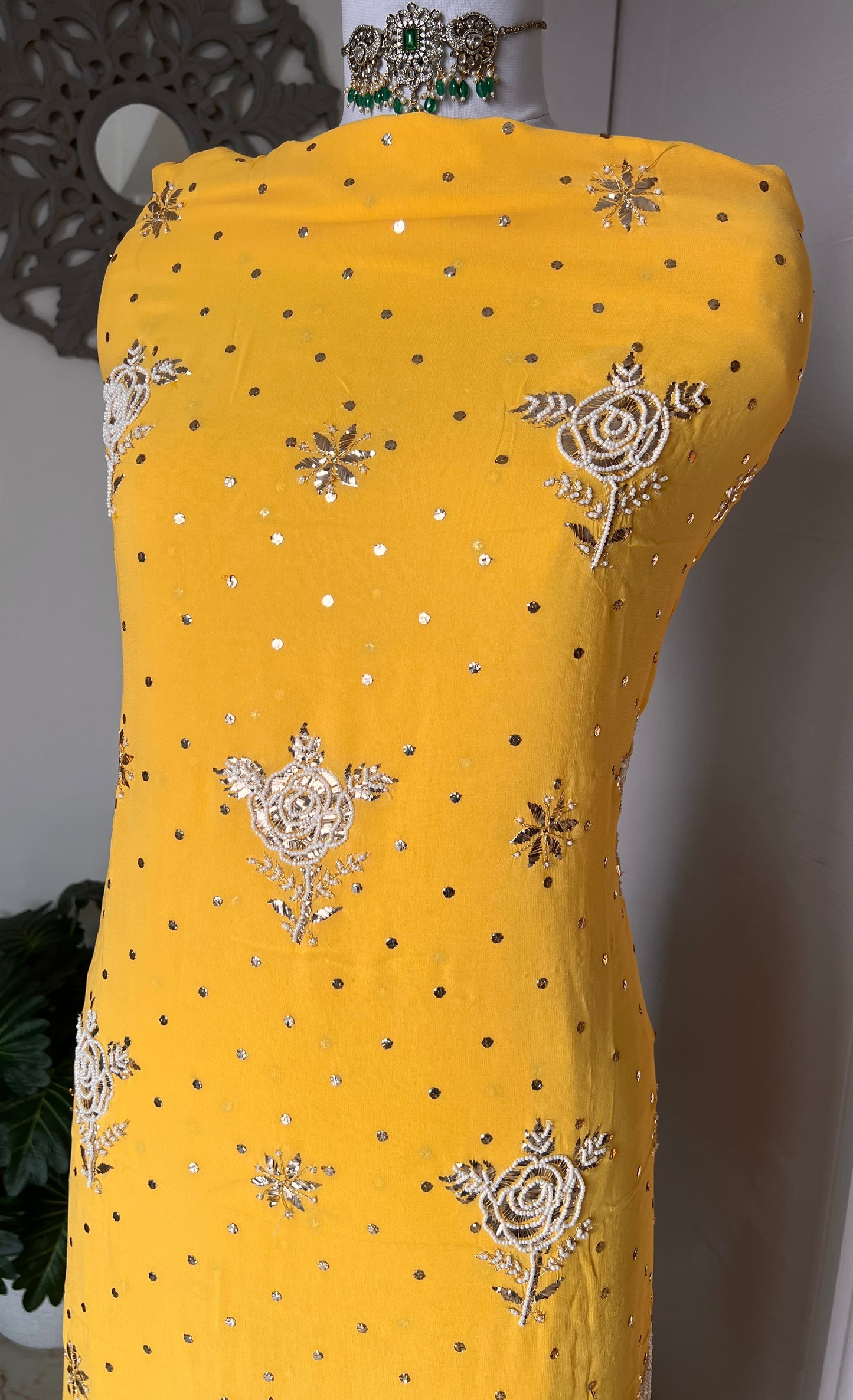 Yellow Badla Mukaish and Pearl Embroidered Kurta & Dupatta Set