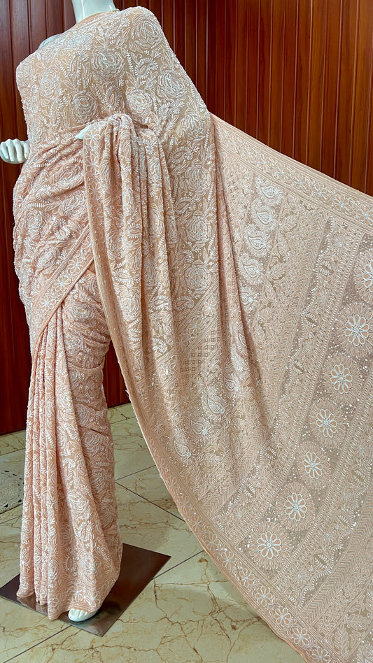 Ruhani  Old Rose Chikankari Cut Dana Pearl and Sequins Masterpiece Saree