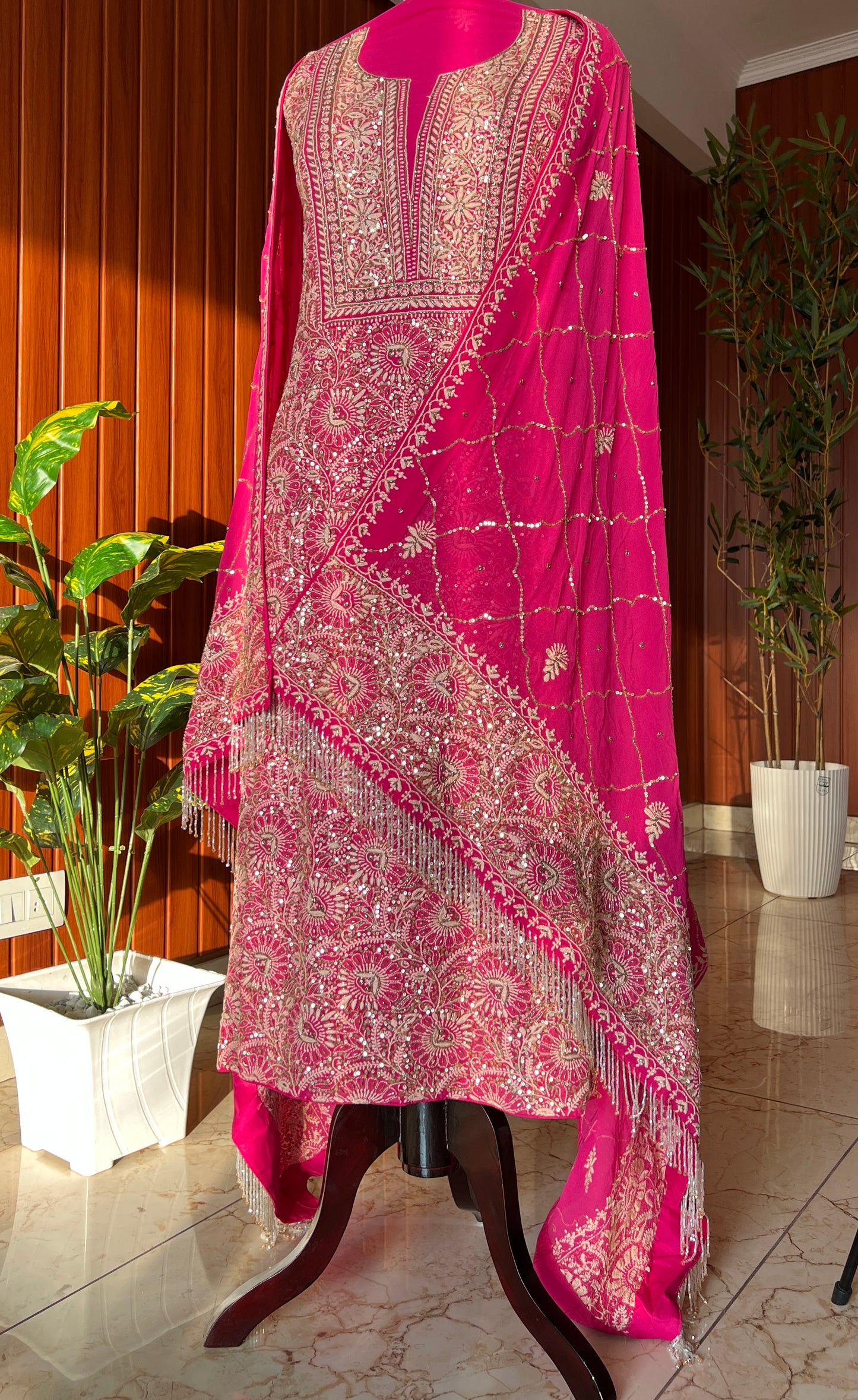 Suhaan Rani Pink 3 taar Chikankari kurta with heavy sequinned dupatta