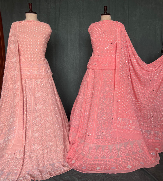 Coral peach Chikankari Pearl & Mirror work Lehenga