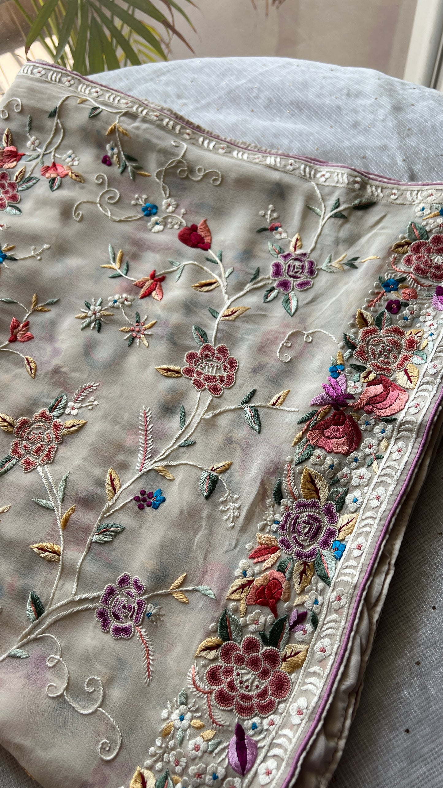 Ivory Masterpiece French knot and Parsi Gara Dupatta
