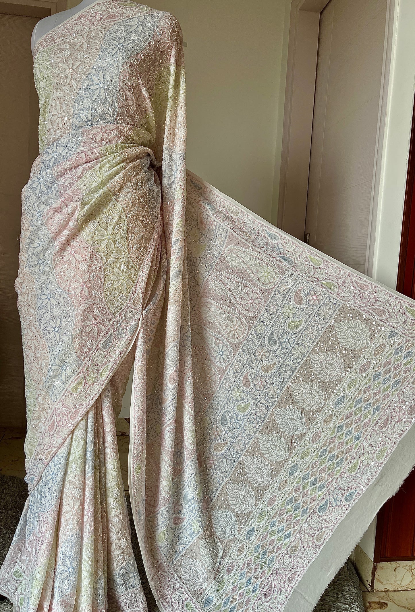 Ruhani Ivory Chikankari Multi Cut Dana and Sequins Saree