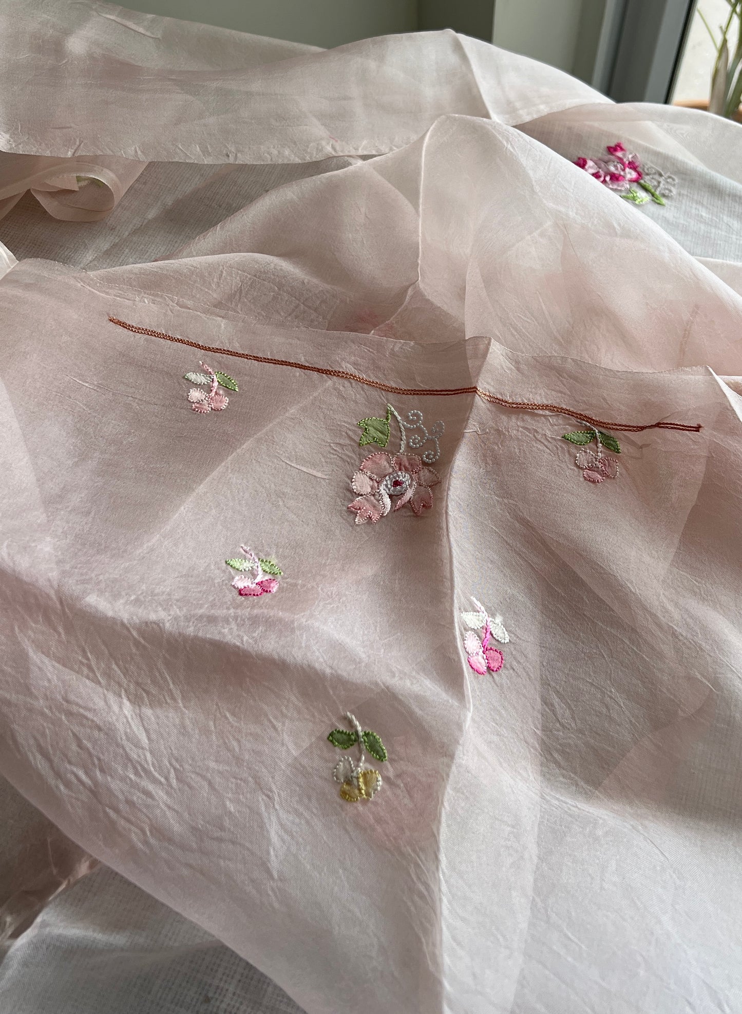 Nude pink Resham Chikankari pure Organza kurta with dupatta