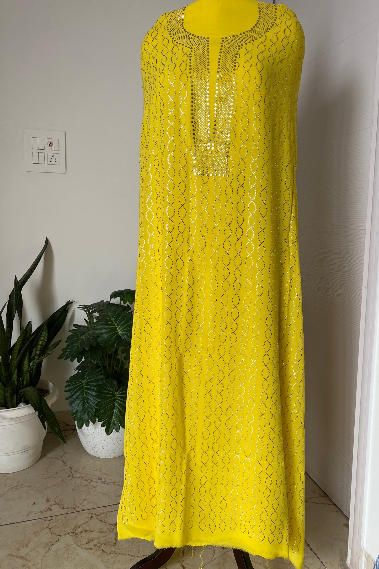 Lime yellow heavy Mukaish Work Kurta and Dupatta Set