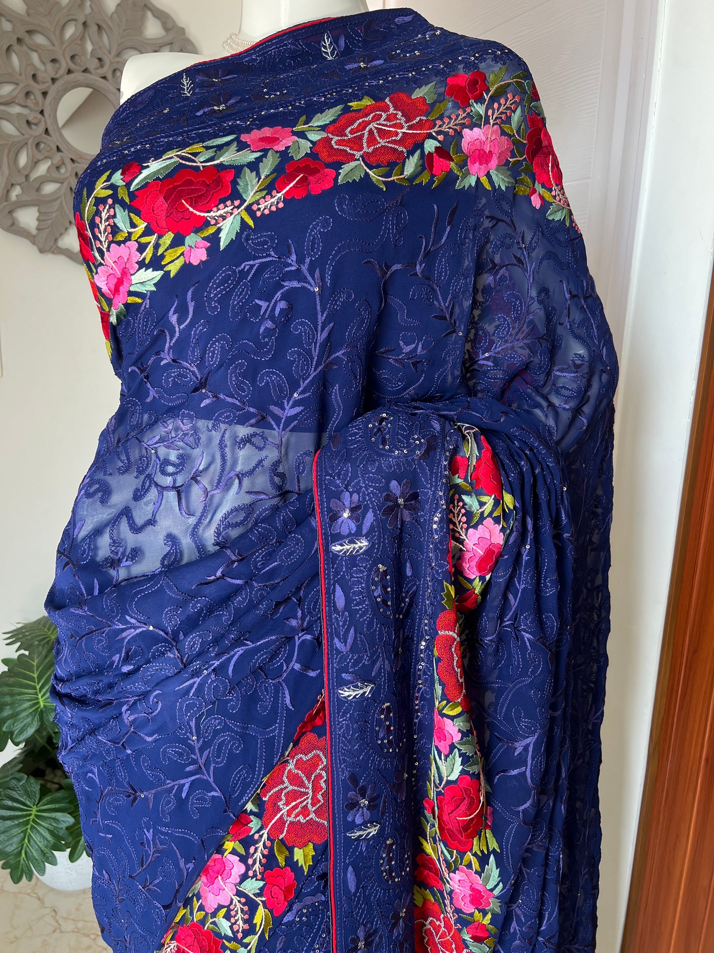 Navy Blue Pure Georgette saree with allover Parsi gara and french knot hand embroidery