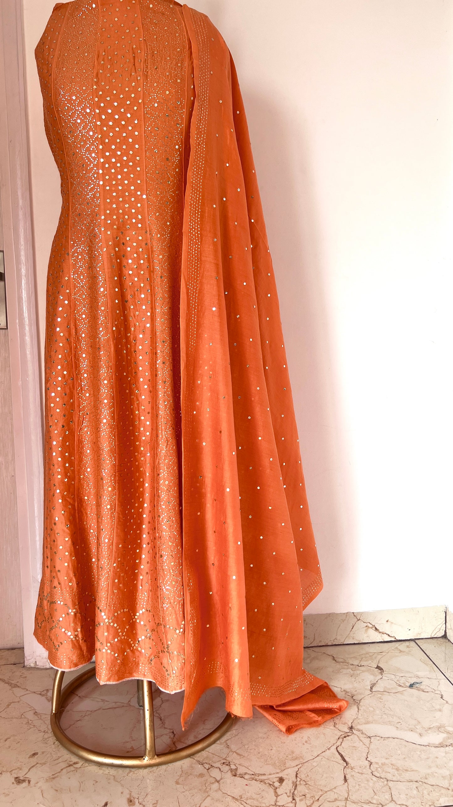 Orange Allover Heavy Mukaish Chanderi Silk Anarkali with Dupatta