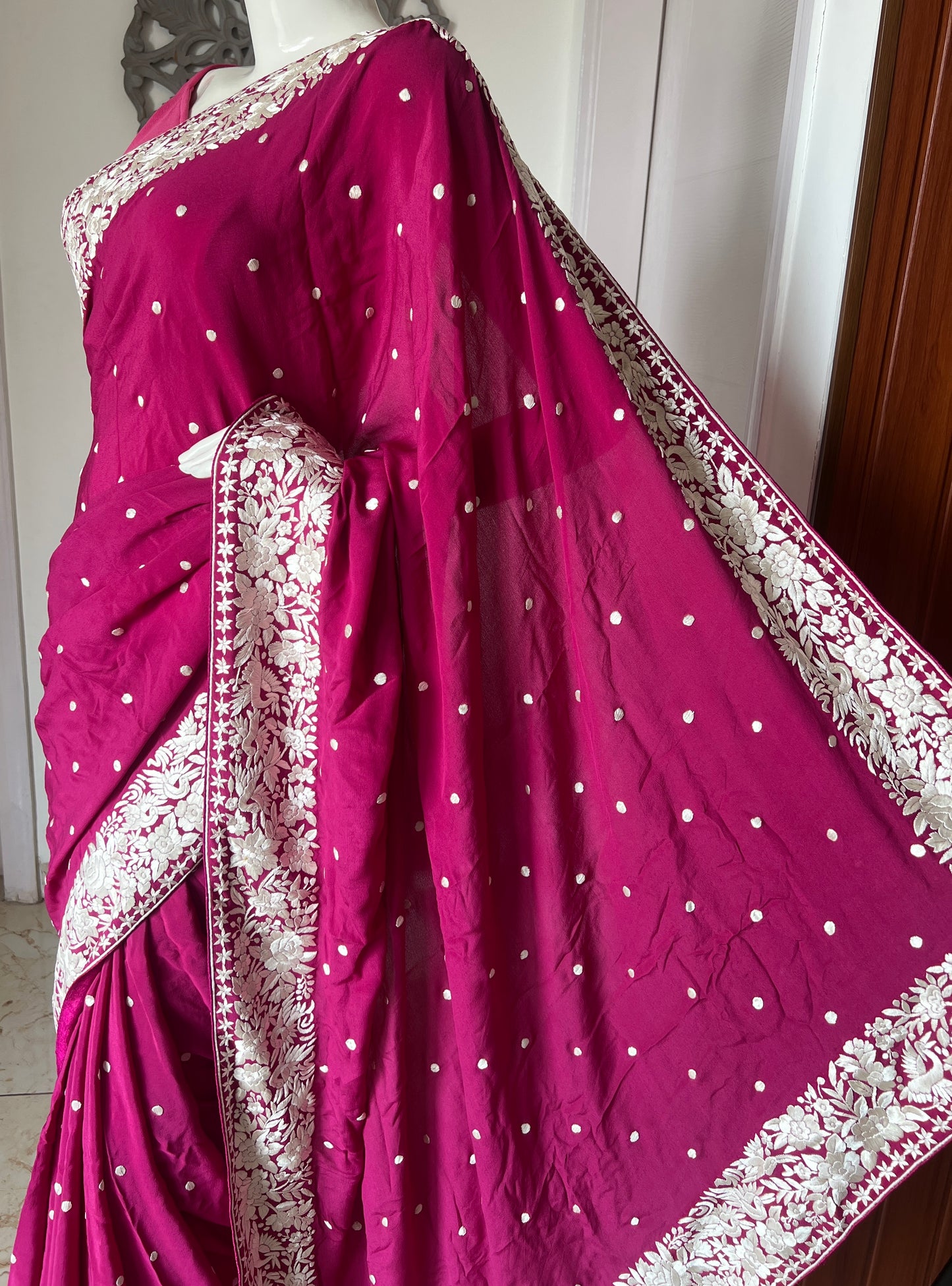 Fuchsia Pink Pure Crepe Parsi Gara Hand Embroidered Saree
