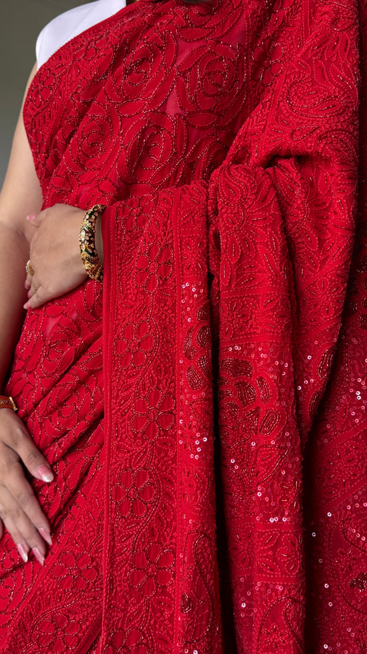 Surkh Laal Masterpiece Chikankari Cut Dana Sequins Saree