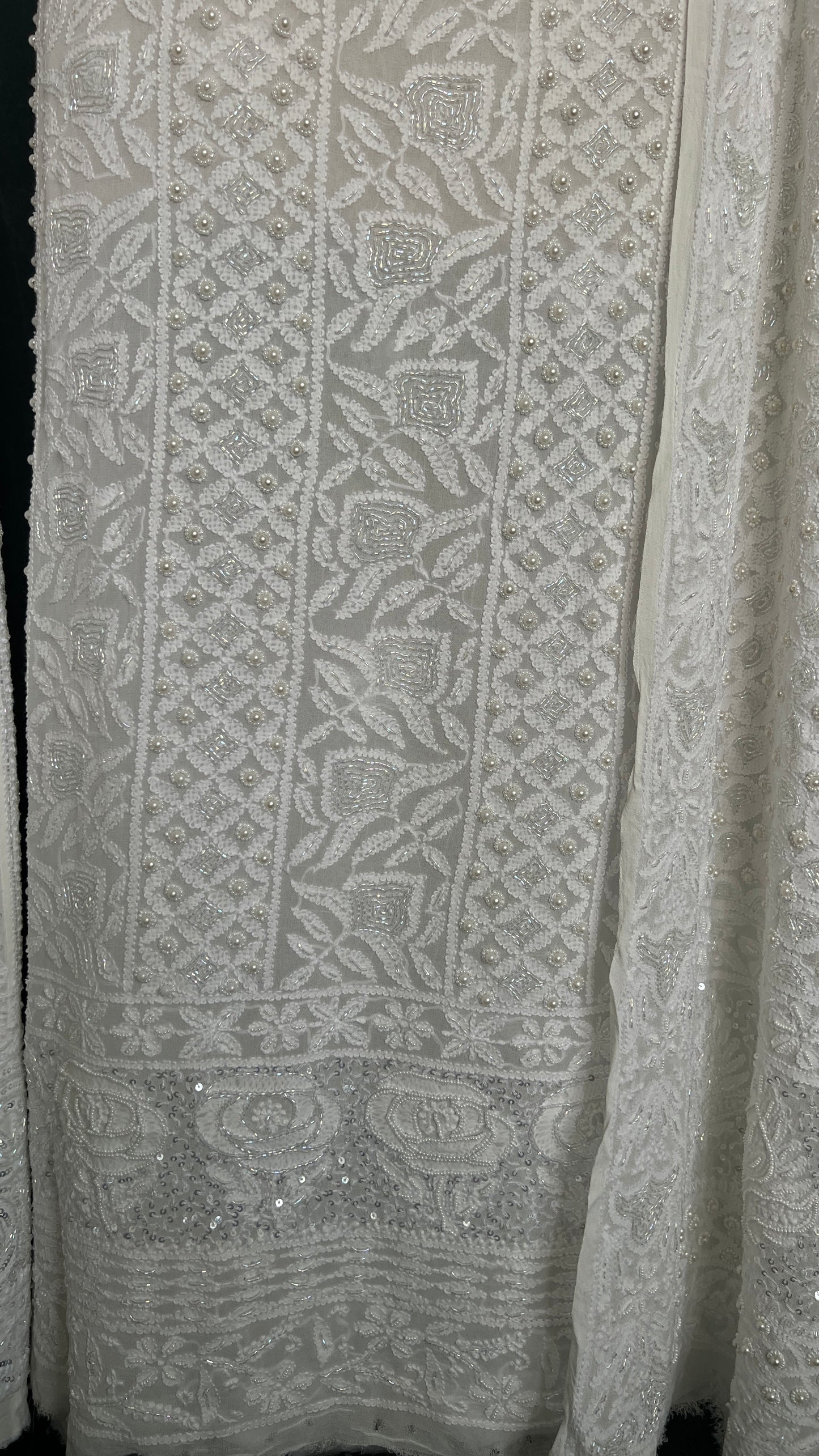 White Chikankari pearl cut Dana and Sequins work Kurta with Jaal Dupatta