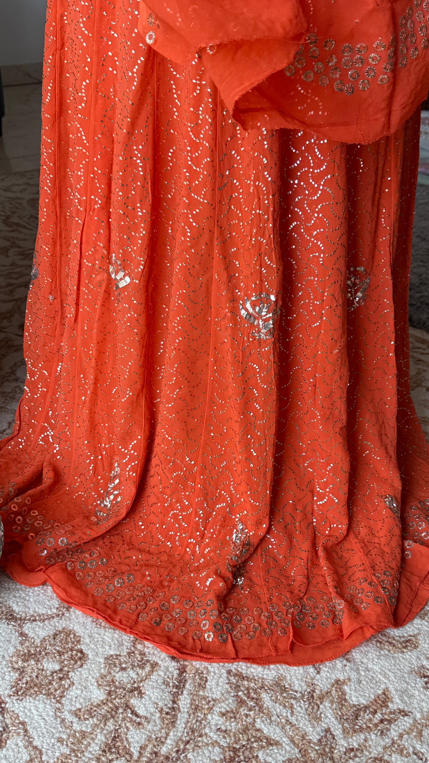 Orange Allover Heavy Mukaish Georgette Anarkali with Dupatta