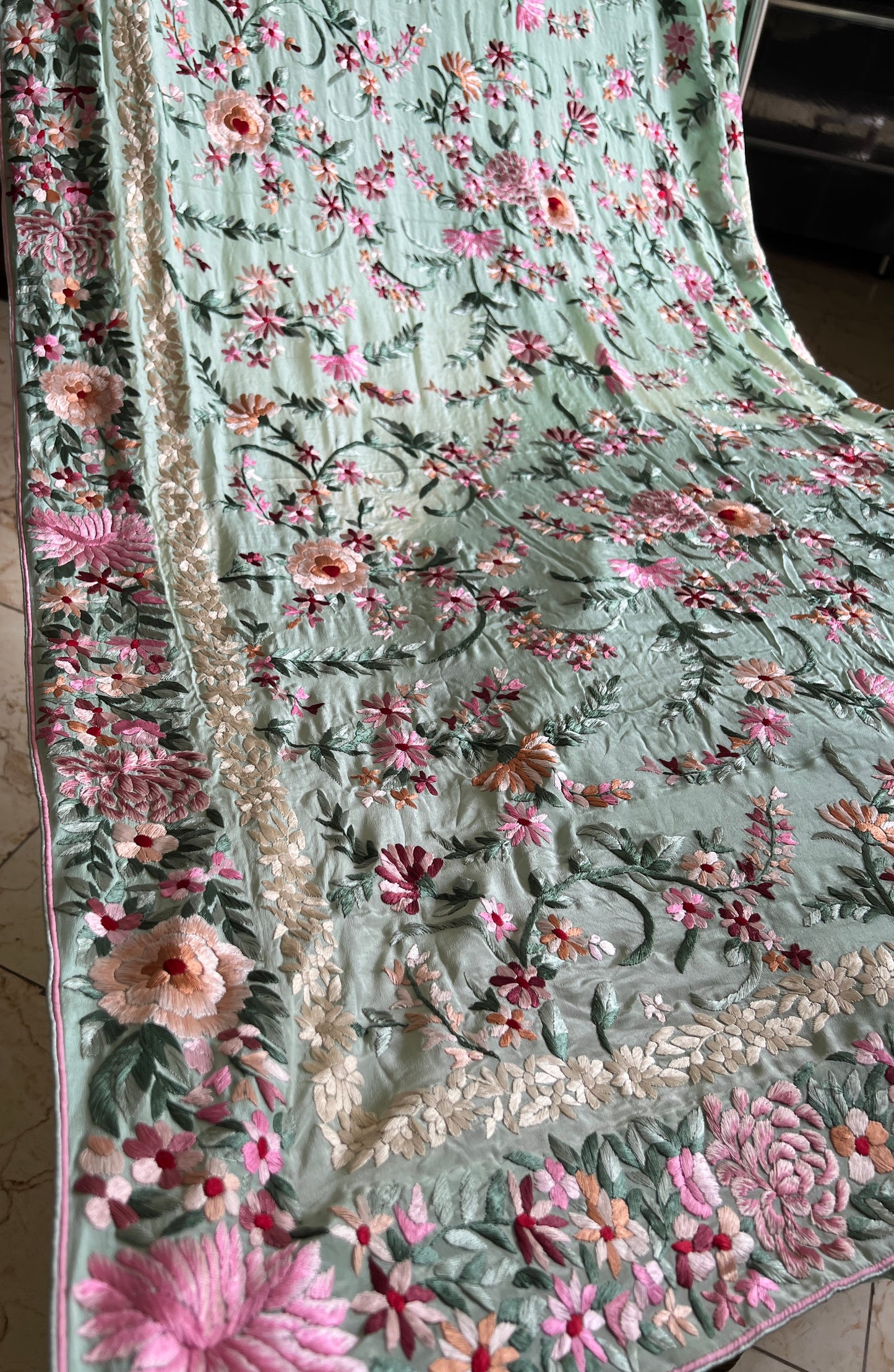Mint Green Masterpiece Parsi Gara Pure Crepe Saree