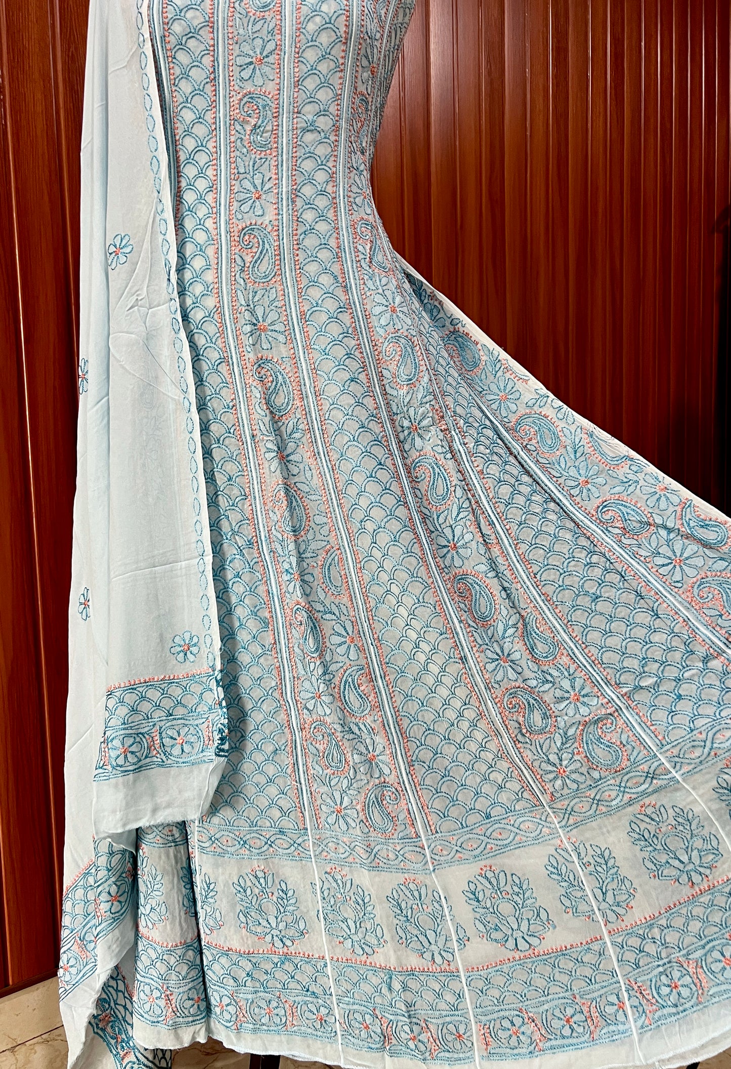 Sky Blue Resham Chikankari Embroidered Anarkali with Dupatta
