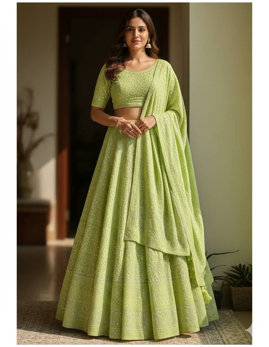 Lime Green Chikankari Cut Dana and Pearl Lehenga