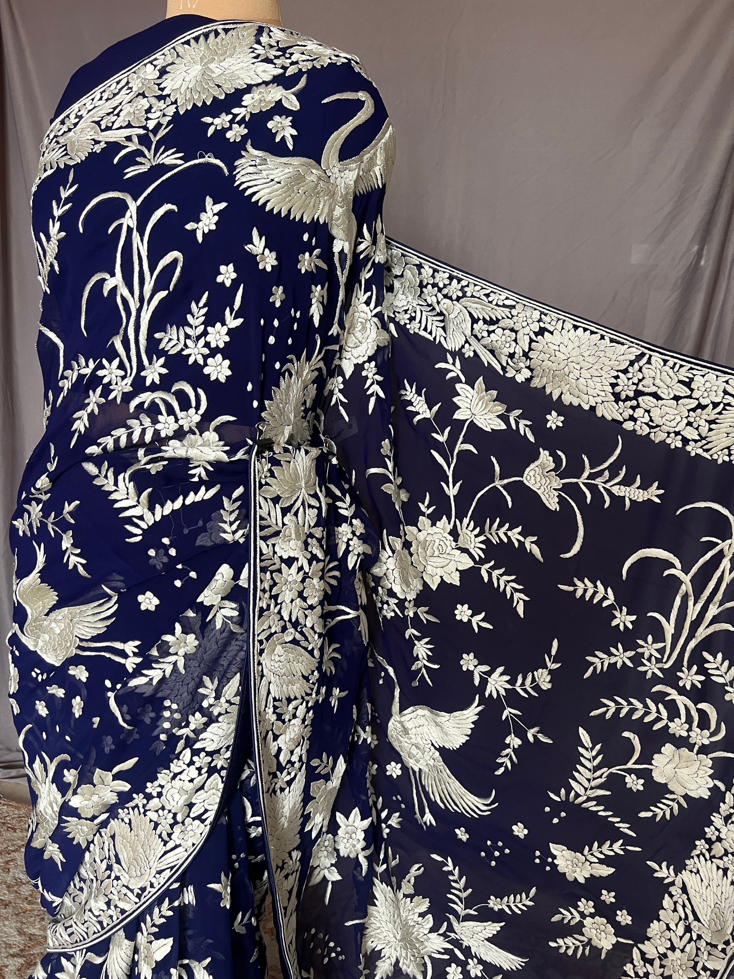 Navy Blue Masterpiece Parsi Gara Pure Georgette Saree