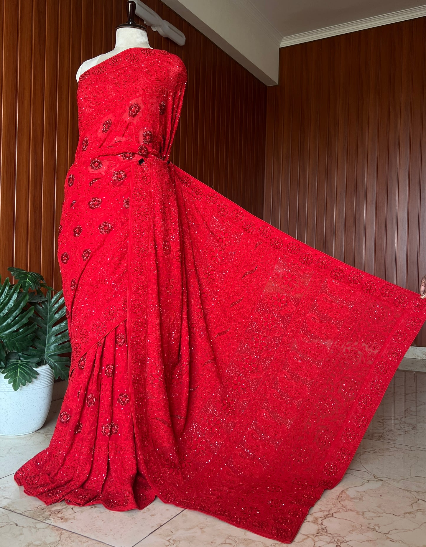 Red Masterpiece Chikankari Cut Dana Sequins Saree