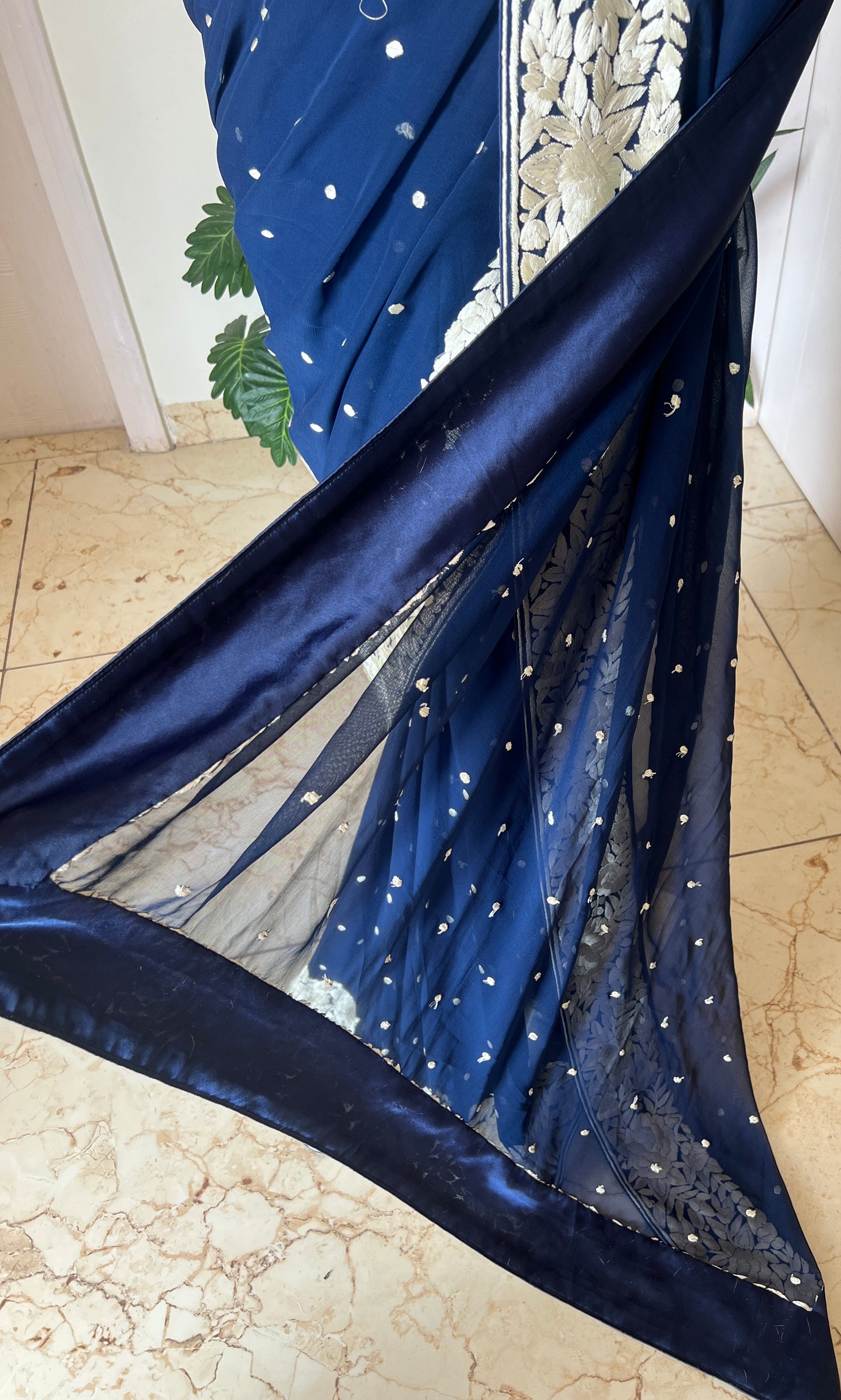 Navy Blue Pure Georgette Parsi Gara Hand Embroidered Saree