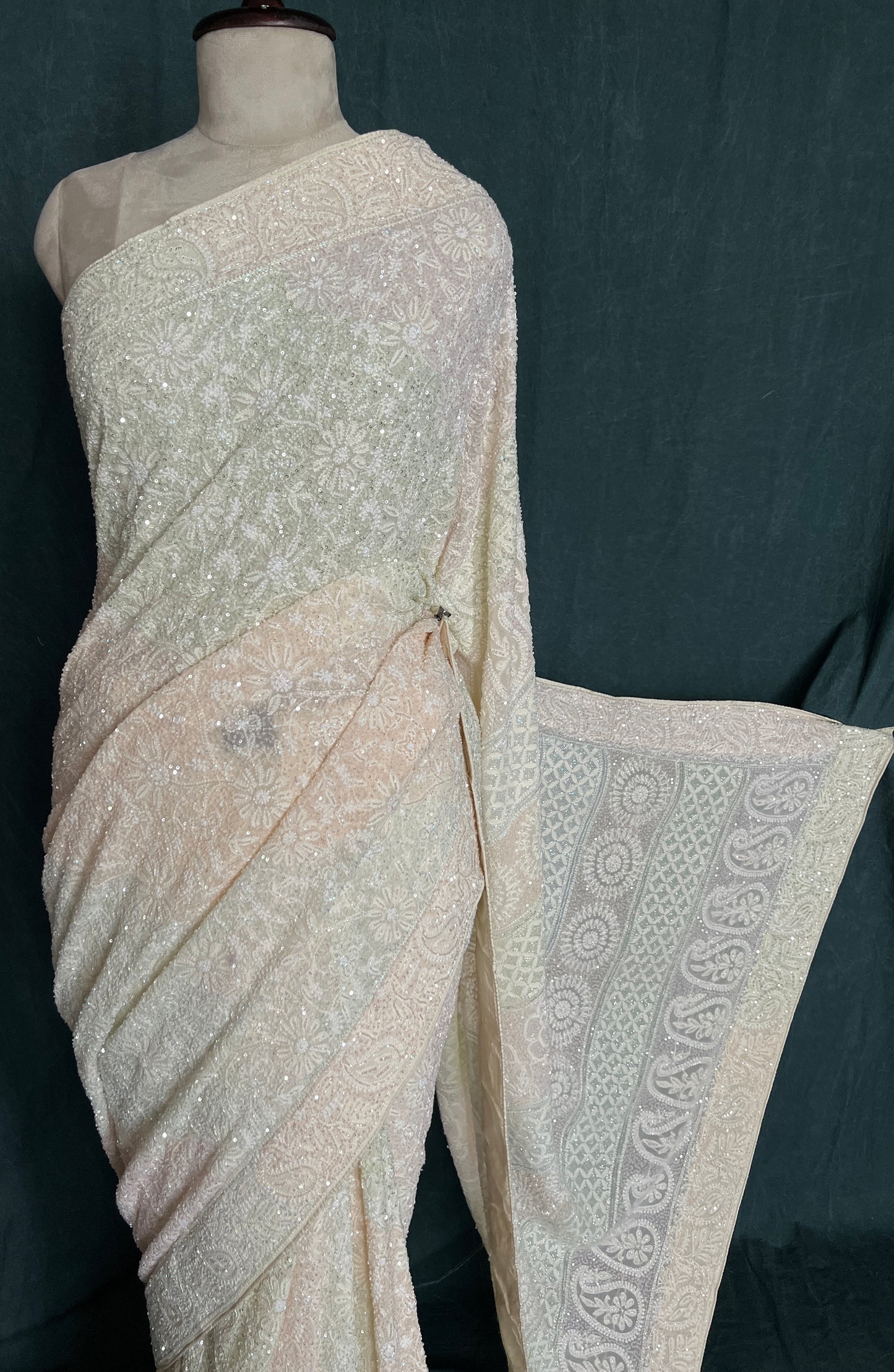 Ruhani Cream Chikankari Multi Cut Dana and Sequins Saree