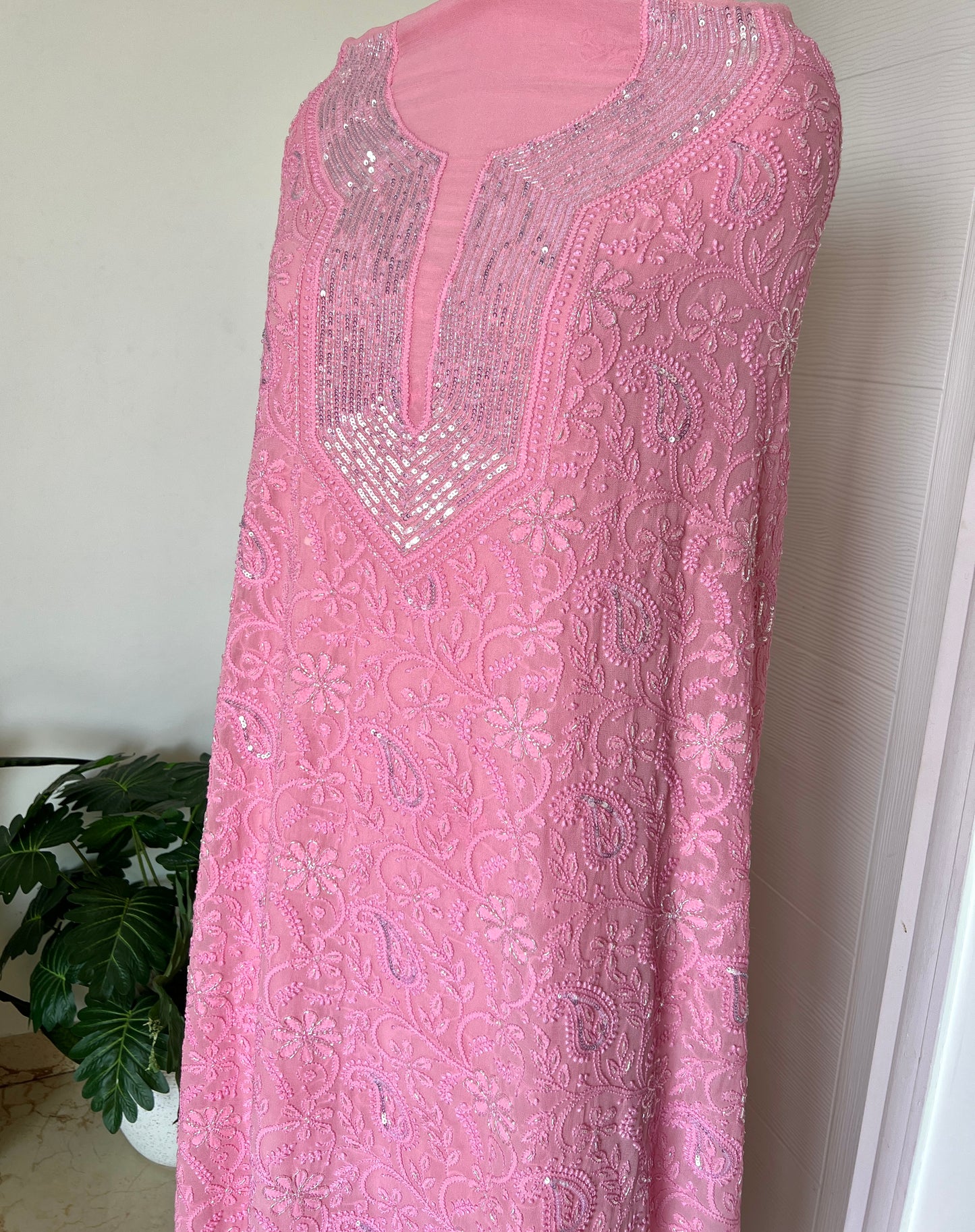 Pink Chikankari cut dana sequins work kurta and dupatta