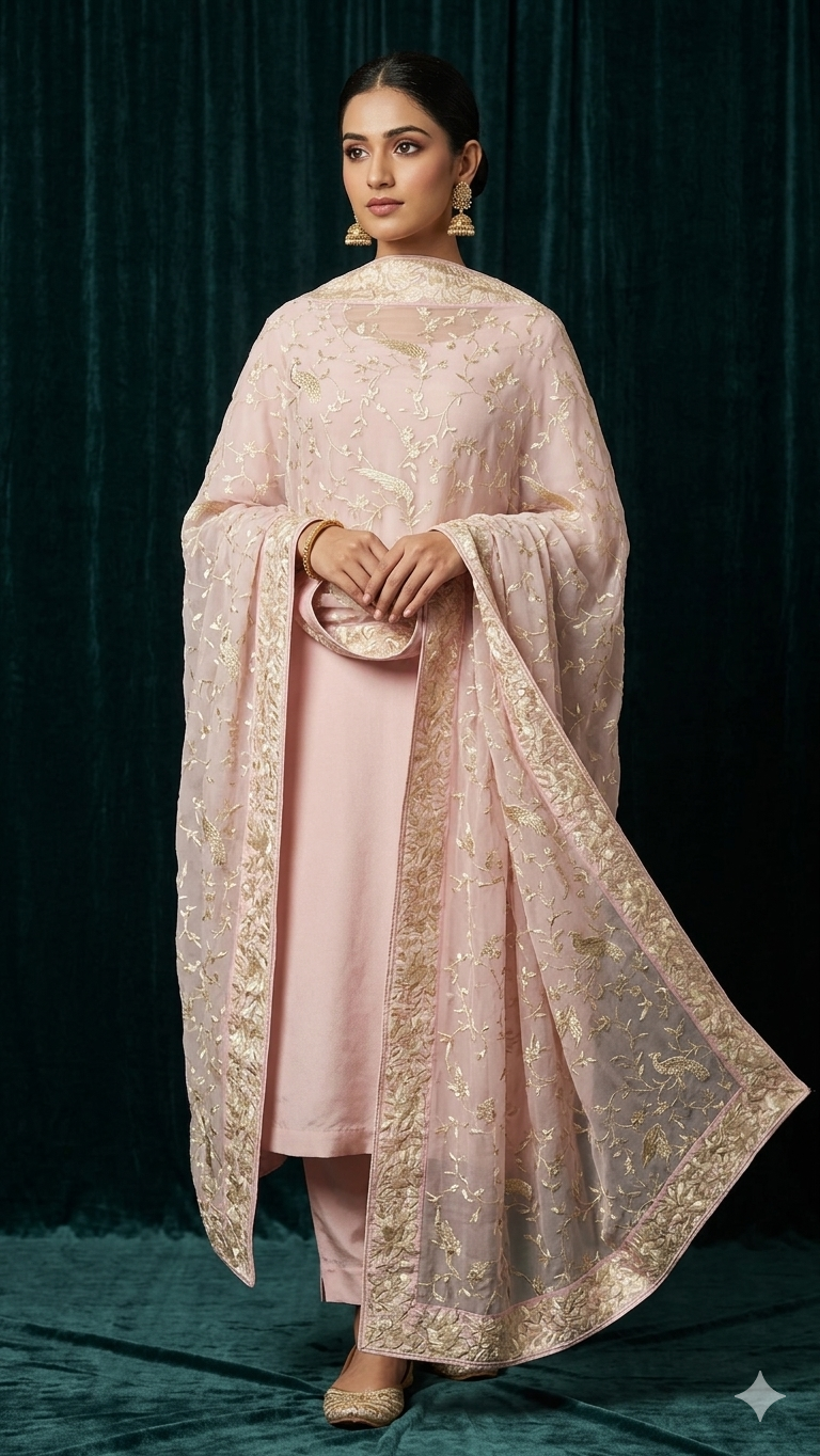 Light Pink Parsi Gara Hand Embroidered Dupatta