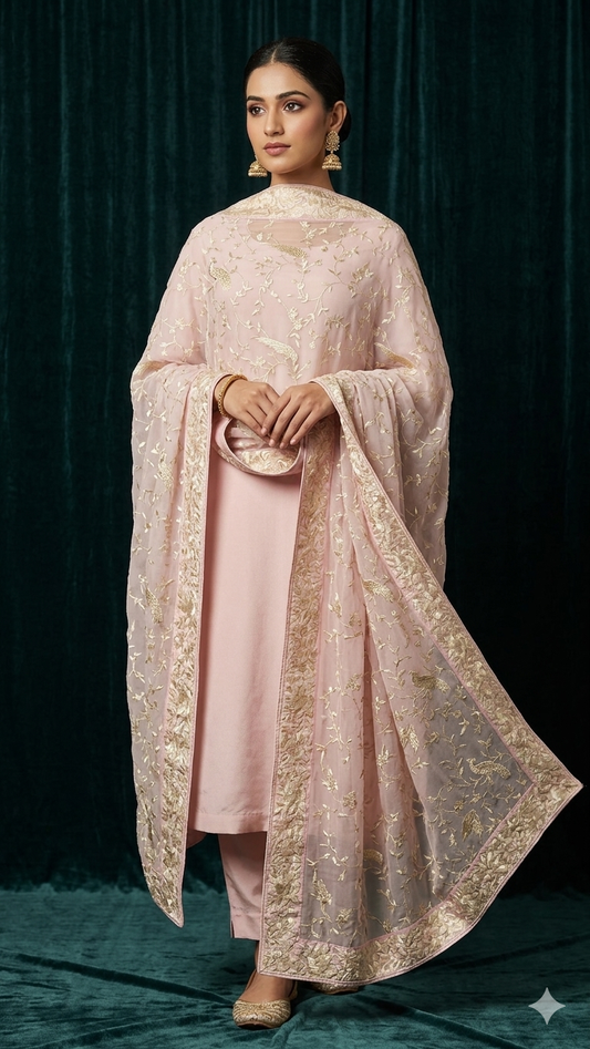 Light Pink Parsi Gara Hand Embroidered Dupatta
